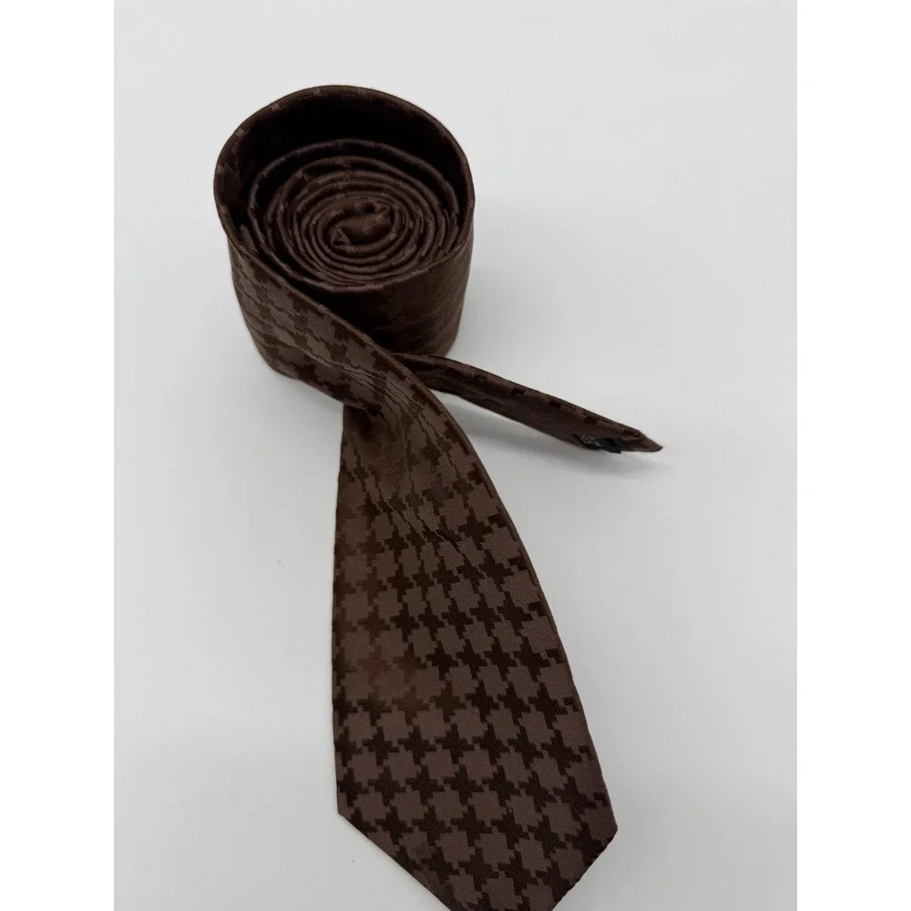 Mazzoni Mens Silk‎ Tie Brown Houndstooth Pattern Jacquard Formal Business